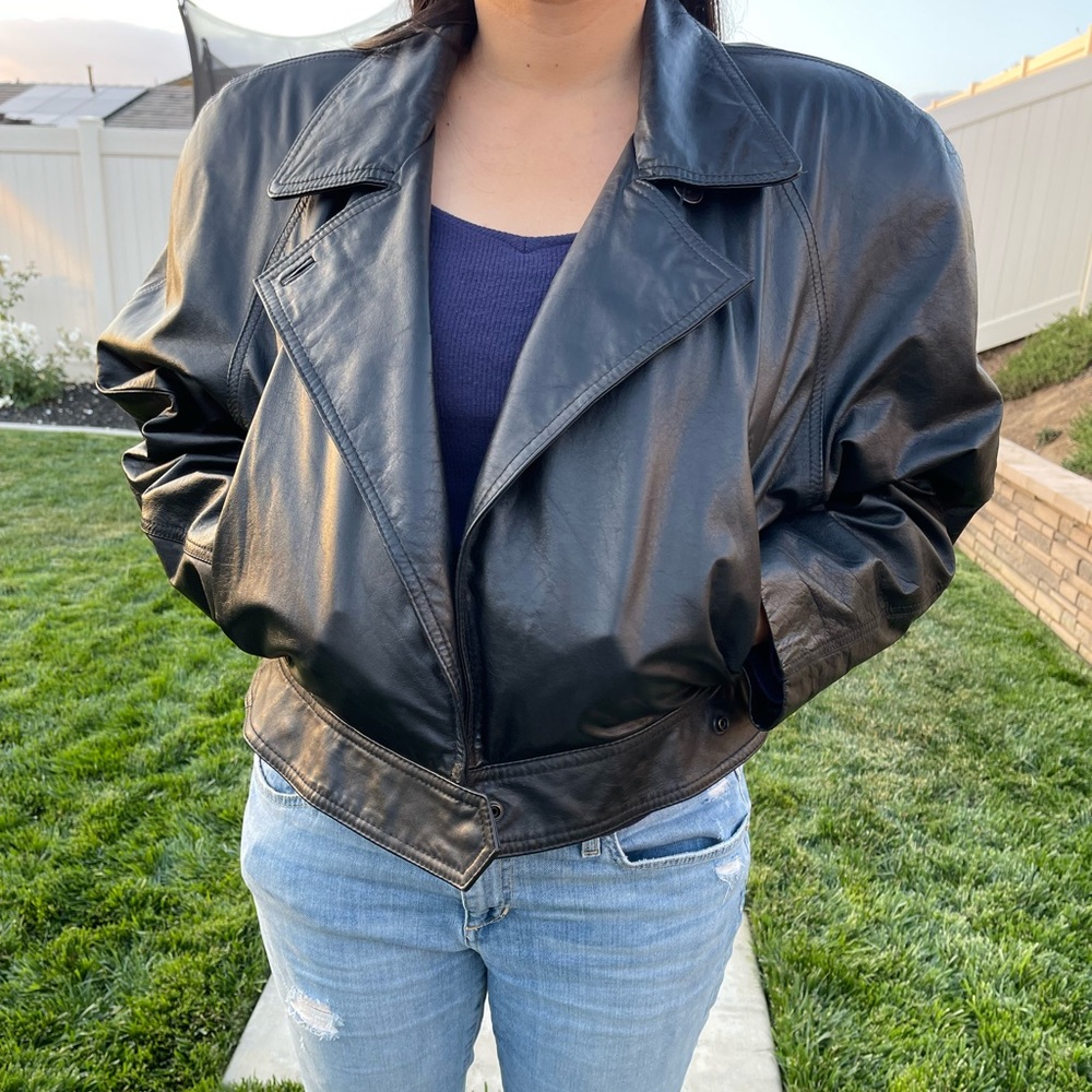 Wilson leather 80s style jacket with shoulder pads size L